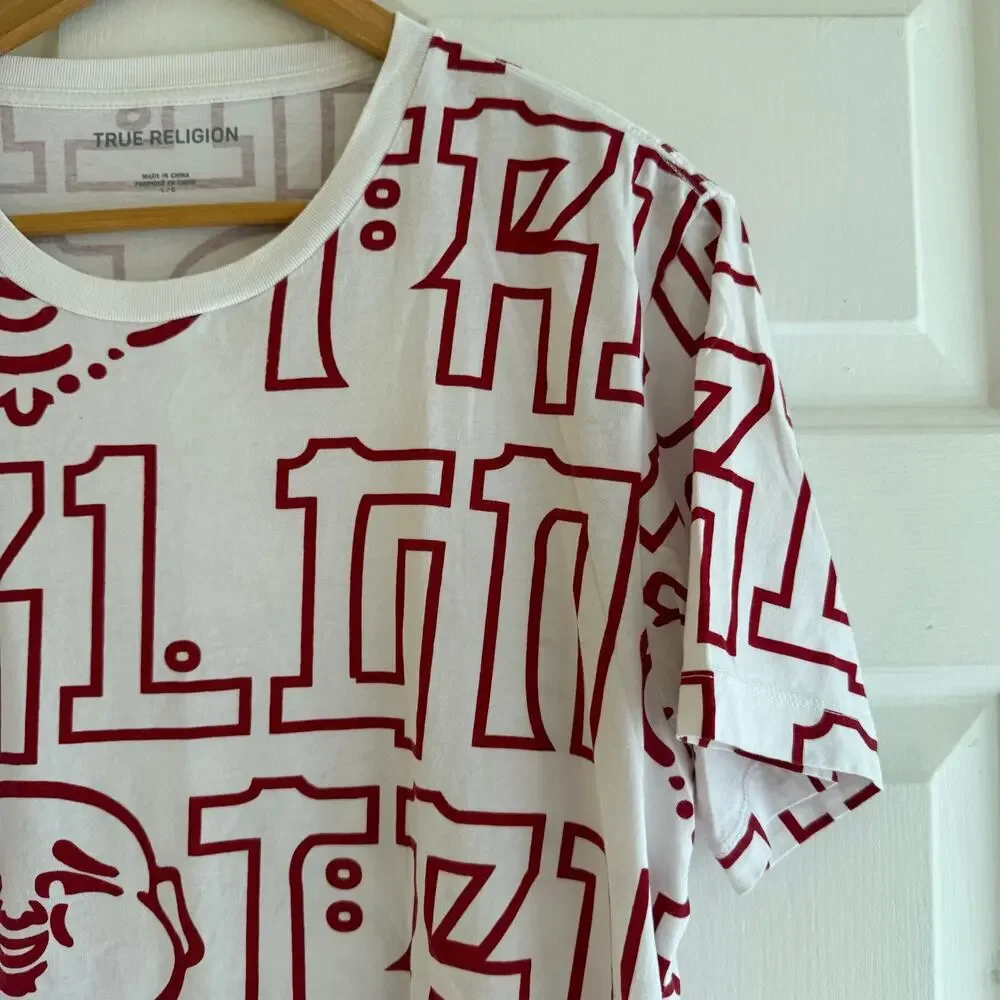 True Religion T-Shirt Mens Large‎ White Red All Over Print Buddha Graphic Y2K